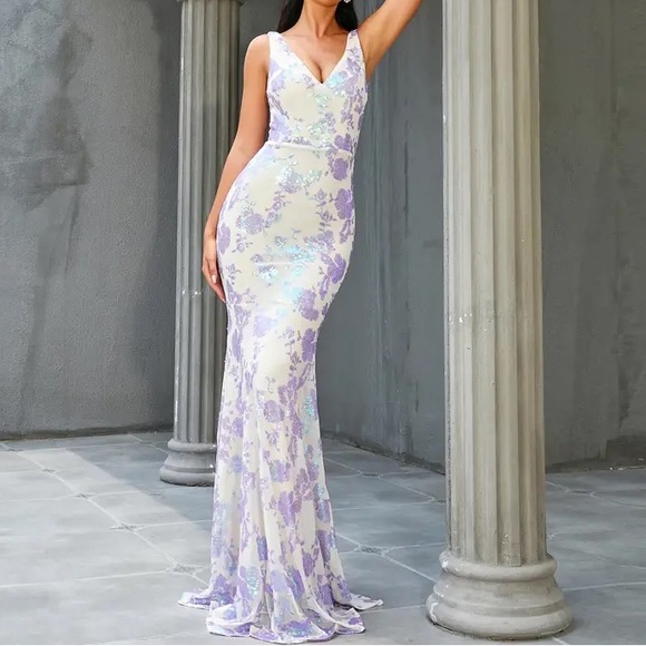 Luxe plunging V neck mermaid hem prom party sequins dress - Picture 3 of 5